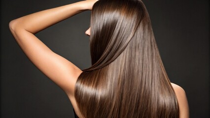Naklejka premium Close-up of a woman with long, smooth, and shiny brown hair. The flawless texture and healthy glow emphasize hair care and beauty, set against a simple white background.