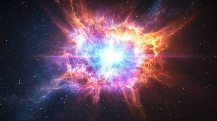 Fototapeta premium Colorful supernova nebula bursting with vibrant hues, surrounded by twinkling stars against a mysterious cosmic backdrop.