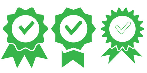 Obraz premium Approved or certified medal icon. Approval check symbol. Winning award, prize, medal or badge. Verified medal icon. Icon in flat style and line. Certified badge symbol, quality sign.