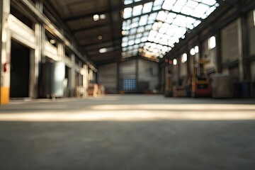 Warehouse interior blurred. Empty warehouse without anyone. Old warehouse interior without shelving. Spacious hangar with metal roof. Storage room with forklift. with generative ai