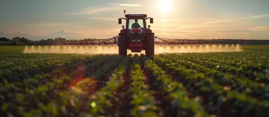 Fototapeta premium Tractor Spraying Crops at Sunset