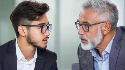 Two sharply dressed men in suits engaged in a focused discussion, possibly about business, strategy, or negotiation, in professional setting.