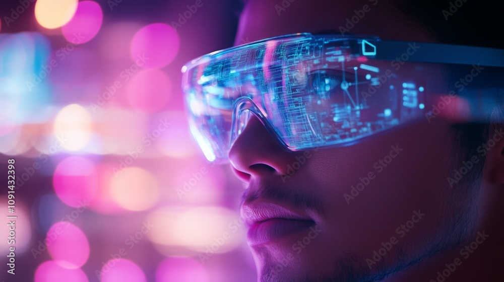 Poster Close-up view of a person wearing transparent augmented reality glasses. Data streams are visible on the lenses. The background is blurred bokeh of purple and pink city lights at night.