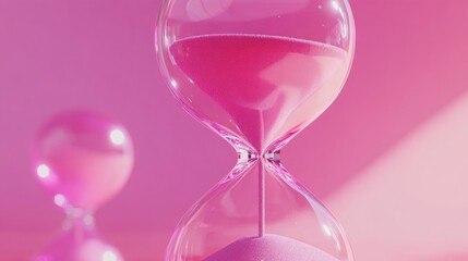Close-up of a pink hourglass on a vibrant pink backdrop, highlighting the delicate sand flow symbolizing urgency and the fleeting nature of time.