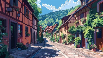 Obraz premium Quaint European village street lined with colorful half-timbered houses, lush greenery, and a sunny sky.
