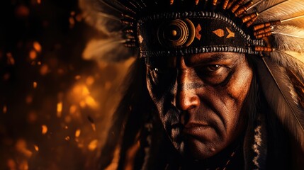 Native American leader with a striking feather headdress exuding strength and bravery, set against a backdrop of glowing embers and shadowy tones.