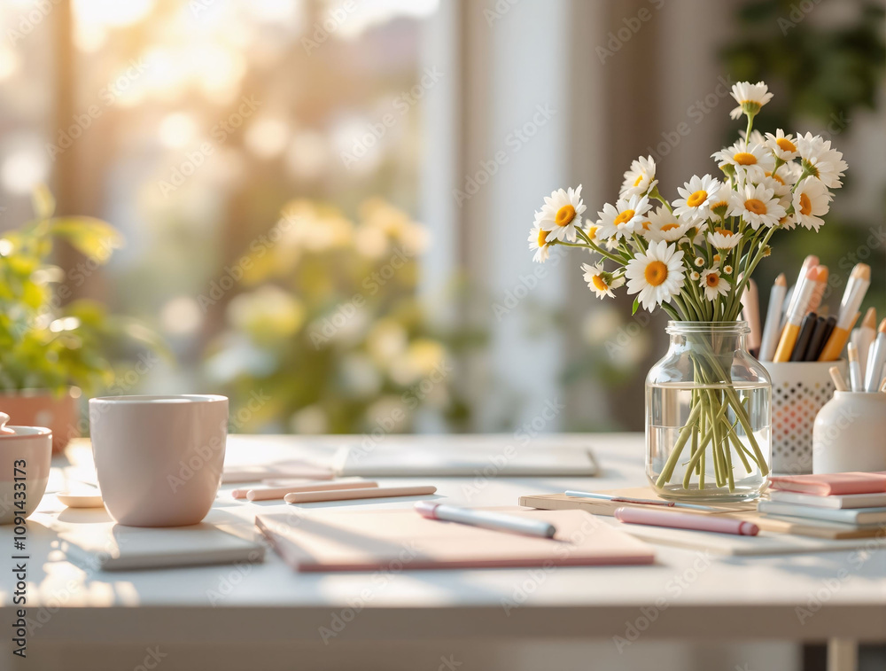 Poster a minimalist spring workspace setup with a clean white desk, a vase of daisies, and pastel-colored s