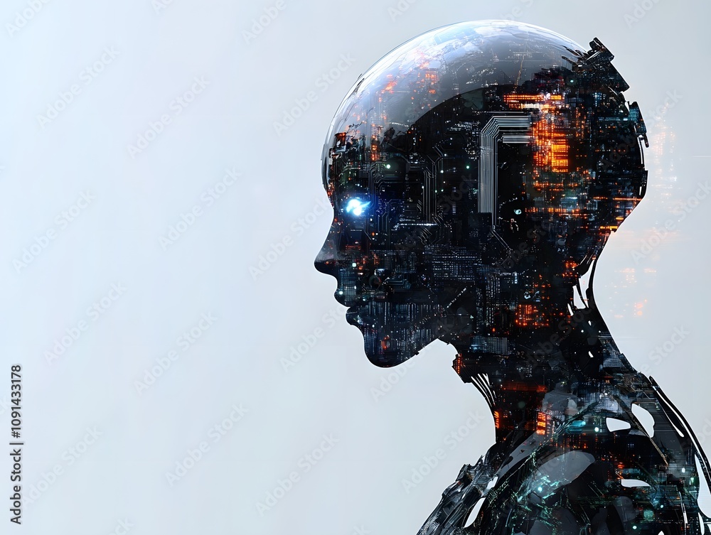 Aufkleber futuristic humanoid robot with an intricate internal structure and glowing features against a neutra