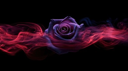 Obraz premium Purple rose surrounded by ethereal red smoke, set against a dark background, creating a striking contrast and a mystical ambiance.