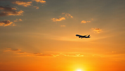 Fototapeta premium Silhouette of an airplane flying against an orange sunset sky.