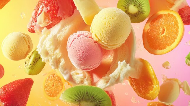 Vibrant ice cream scoops surrounded by fresh fruits on a colorful background, ideal for advertising and design with appealing hues and lively elements.