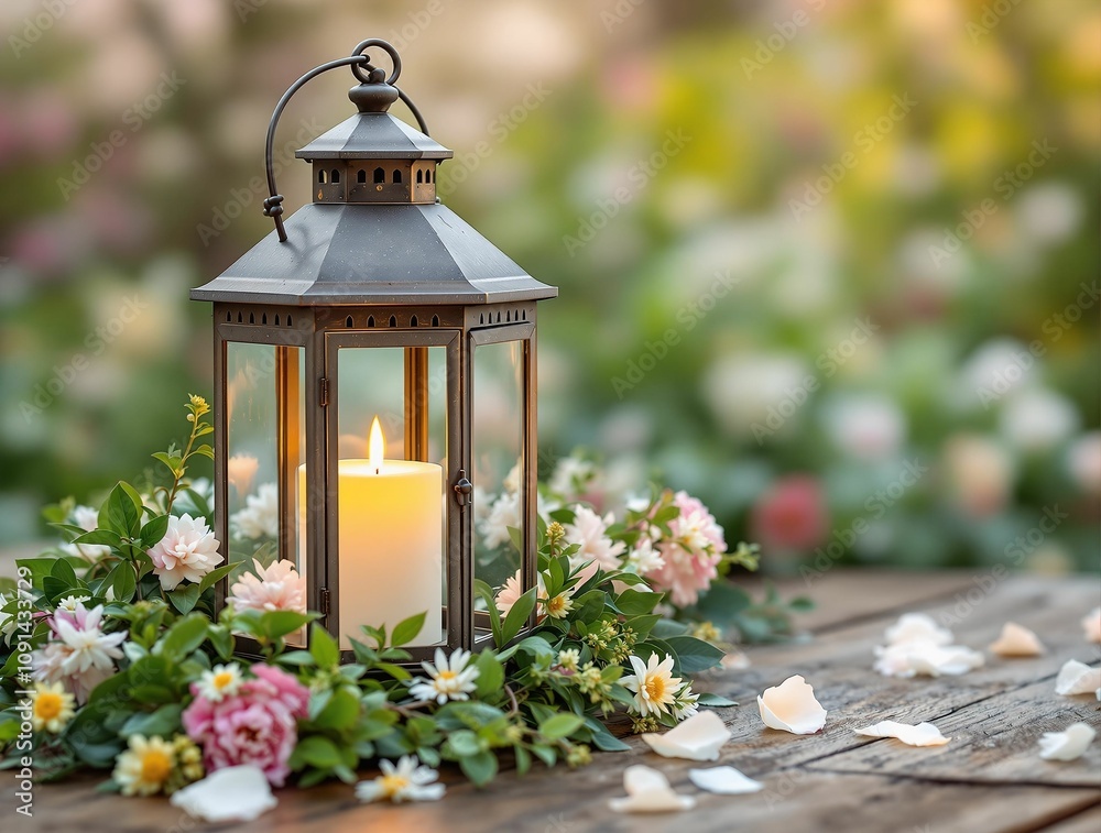 Poster a close-up of a vintage lantern with a flickering candle inside, surrounded by fresh greenery and so