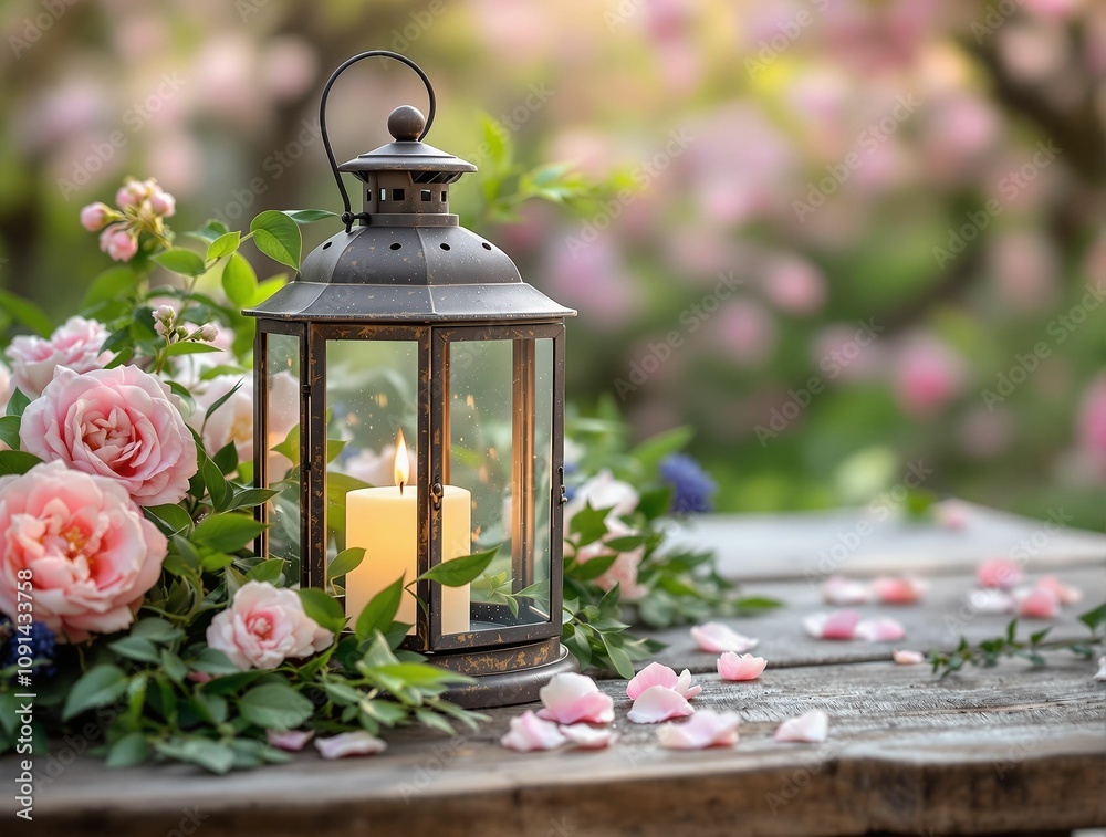Aufkleber a close-up of a vintage lantern with a flickering candle inside, surrounded by fresh greenery and so