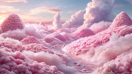 Dreamy confectionery world with sugary hills candy floss clouds and a sparkling chocolate river