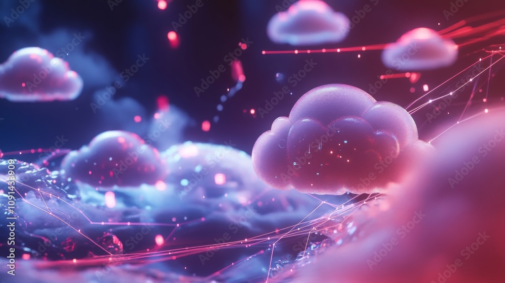 Aufkleber Vibrant clouds illuminated by glowing lines float in a misty environment, creating a surreal atmosphere. The interplay of colors and light evokes a sense of digital innovation and creativity.