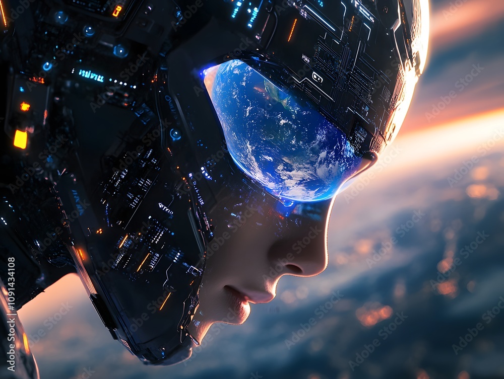 Poster futuristic cybernetic being gazing at earth in space with intricate technology and a dazzling imager