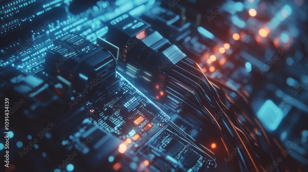 Poster abstract close-up of a high-tech circuit board with illuminated connections and complex patterns, sh