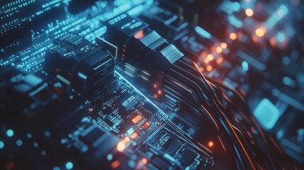 Obraz premium Abstract Close-Up of a High-Tech Circuit Board with Illuminated Connections and Complex Patterns, Showcasing the Intricacies of Modern Electronics and Technology