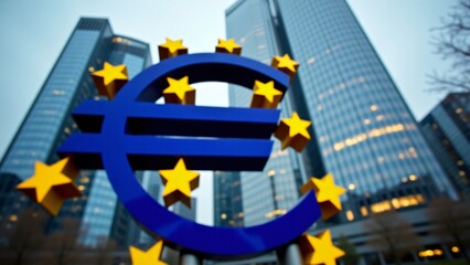 A large blue Euro symbol (€) adorned with golden stars, standing prominently against the backdrop of modern skyscrapers in Frankfurt. A symbol of European economic unity.