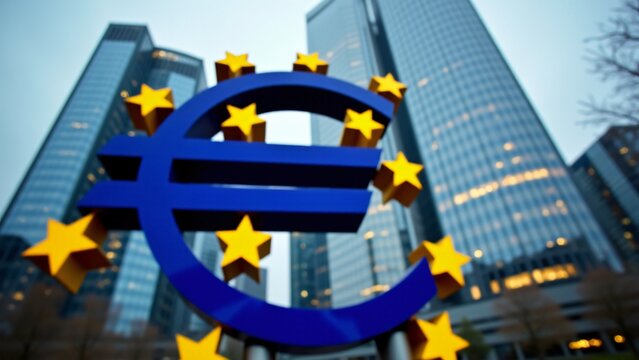 A large blue Euro symbol (&euro;) adorned with golden stars, standing prominently against the backdrop of modern skyscrapers in Frankfurt. A symbol of European economic unity.