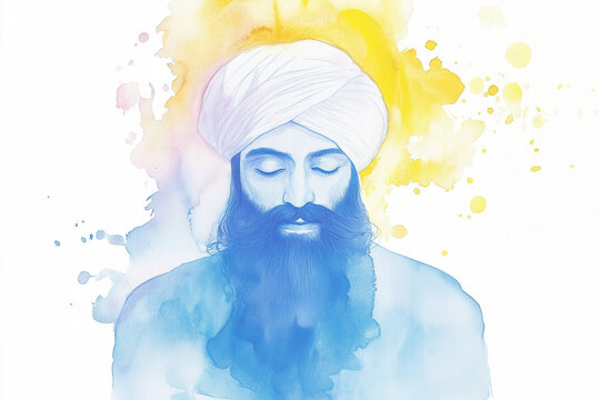 watercolor sikh man, blue beard, white turban clip art preview