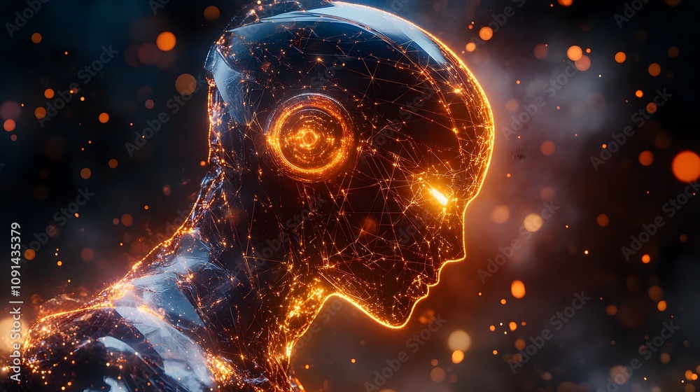 Poster futuristic humanoid figure illuminated with glowing circuitry in a digital art style showcasing the 