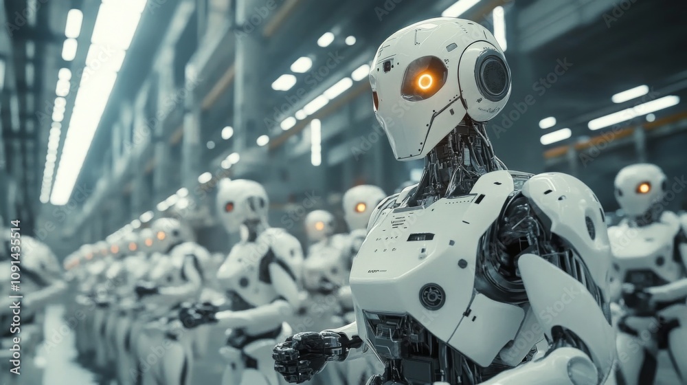 Aufkleber A group of humanoid robots stands in a sleek, futuristic factory. Each robot has glowing eyes and an intricate design, suggesting advanced technology.