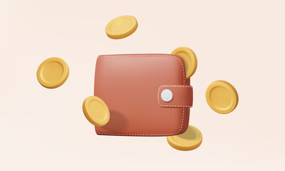 Digital wallet brown with golden coins floating into wallet cashback concept. money management income financial saving online payments, cartoon minimal on pastel background. 3d vector