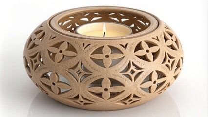 Elegant carved wooden candle holder with intricate design and soft glow illuminating the surroundings