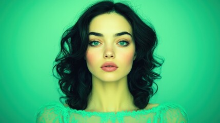 Fototapeta premium Portrait of a young woman with vibrant curly hair and striking green eyes against a soft green background, capturing beauty and elegance in a serene atmosphere.