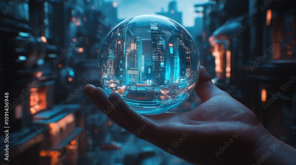 Aufkleber a person holds a clear globe that reflects a vibrant city skyline illuminated by neon lights. the sc