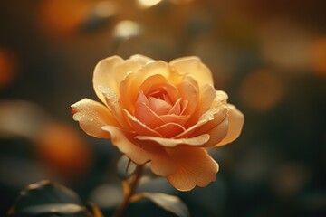 A close-up shot of a bright yellow rose with dew drops glistening on its petals