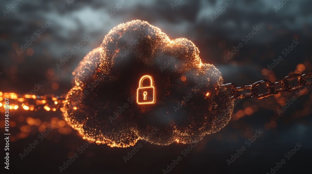 Poster A digital rendering of a cloud made of glowing particles with a padlock icon in the center. The cloud is connected to another chain by a heavy metal chain.