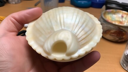 Hand Holding a Creamy White Shell Shaped Dish