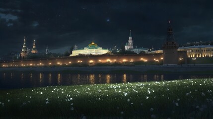 Fototapeta premium Kazan city wall, night view of the walls and Moscow Swamp in front of them, Kazan Cathedral on top of one tower