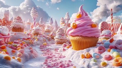 Whimsical candy land fantasy with oversized confectionery treats cupcake hills and frosted marshmallow forests