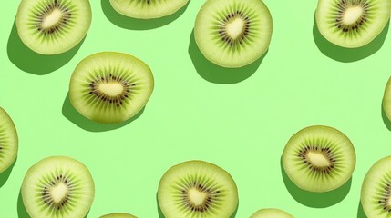 Fototapeta premium Vibrant kiwi fruit halves scattered on a mint green background, creating a fresh and tropical pattern perfect for healthy eating or summer themes.
