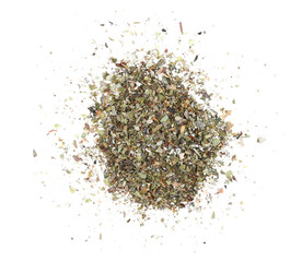 Heap of dried oregano isolated on white, top view