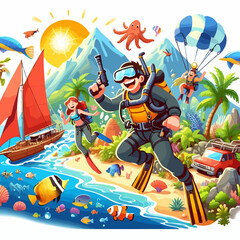 Naklejka premium Cartoon vector illustration depicting scuba divers exploring underwater and beachgoers enjoying the sun on the shore.