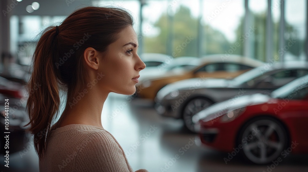 Aufkleber a woman standing in front of a row of parked cars, great for use as a background or placeholder imag
