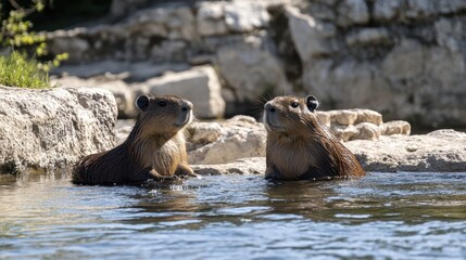 Fototapeta premium capybaras in the water