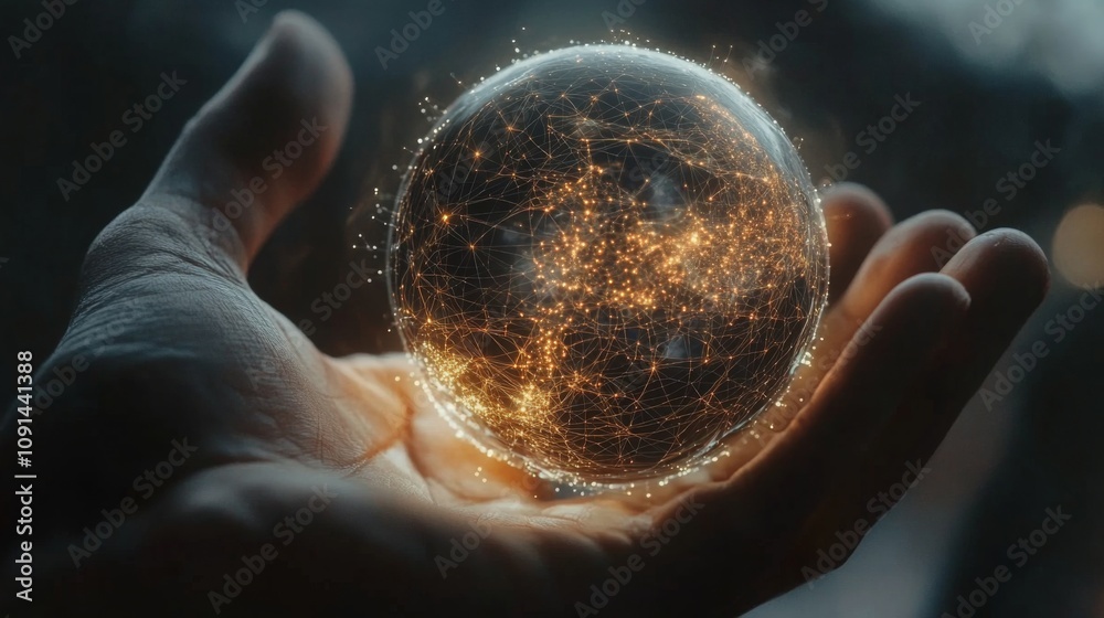 Poster A close-up image depicts a person's hand holding a translucent sphere. The sphere resembles Earth, illuminated with intricate light patterns suggesting interconnectedness.