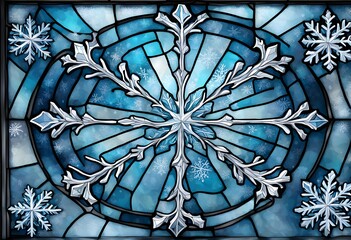 A winter themed stained glass background with snowflakes and icy blues, Ai Generated 
