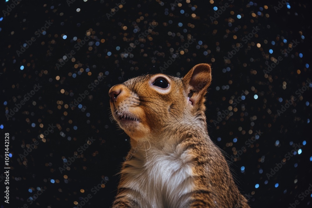 Poster a close-up shot of a squirrel gazing upwards, possibly in search of food or admiring the view