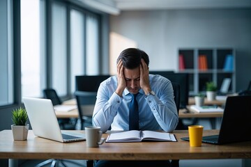 Obraz premium Exhausted Professional Facing Mental Fatigue in a Chaotic Workplace Environment