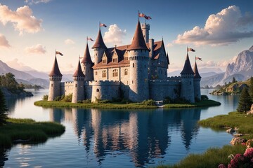 Obraz premium Majestic Stone Castle Surrounded by a Picturesque Lagoon in a Serene Fantasy Landscape
