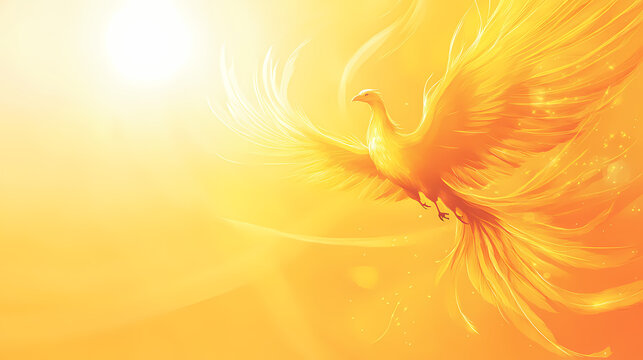 Mythical phoenix rising with bright flames against a golden sunrise. Burning Phoenix Flight. Illustration