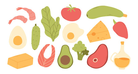 Set of keto diet elements. Vector illustration. Flat style. Keto diet food.