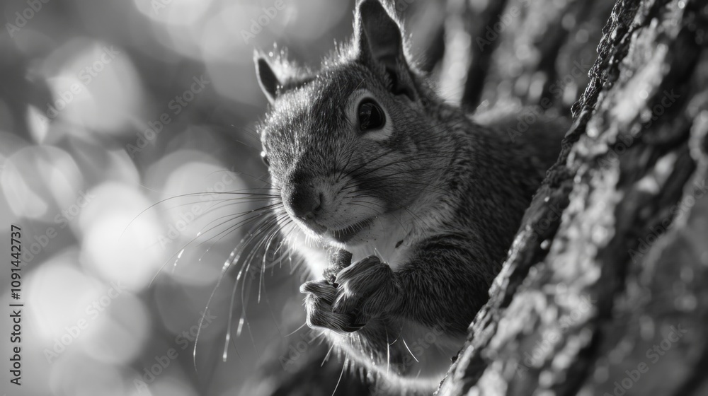 Poster a gray squirrel sitting on a tree branch in a natural environment