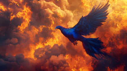 Fototapeta premium Majestic blue phoenix flying gracefully amidst fiery skies. Burning Phoenix Flight. Illustration